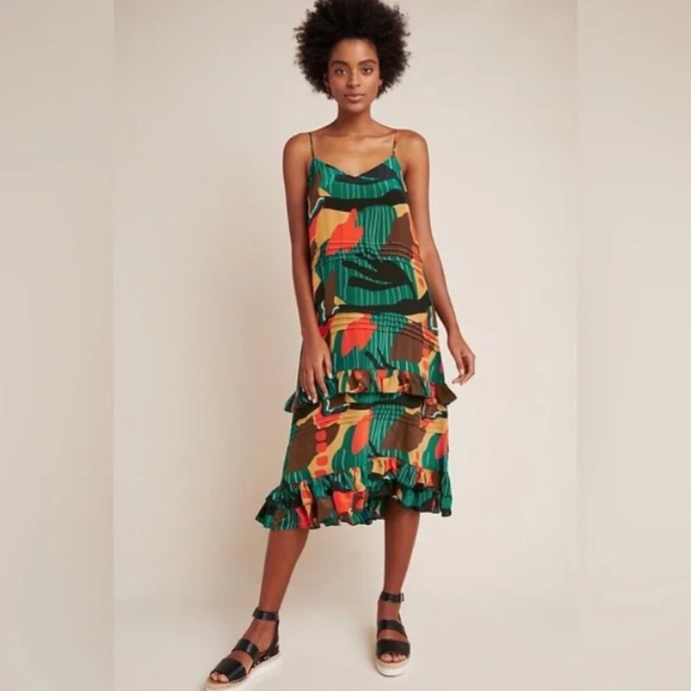 Anthropologie Dhruv Kapoor Annabella Midi Dress Tropical Sleeveless Ruffle XS